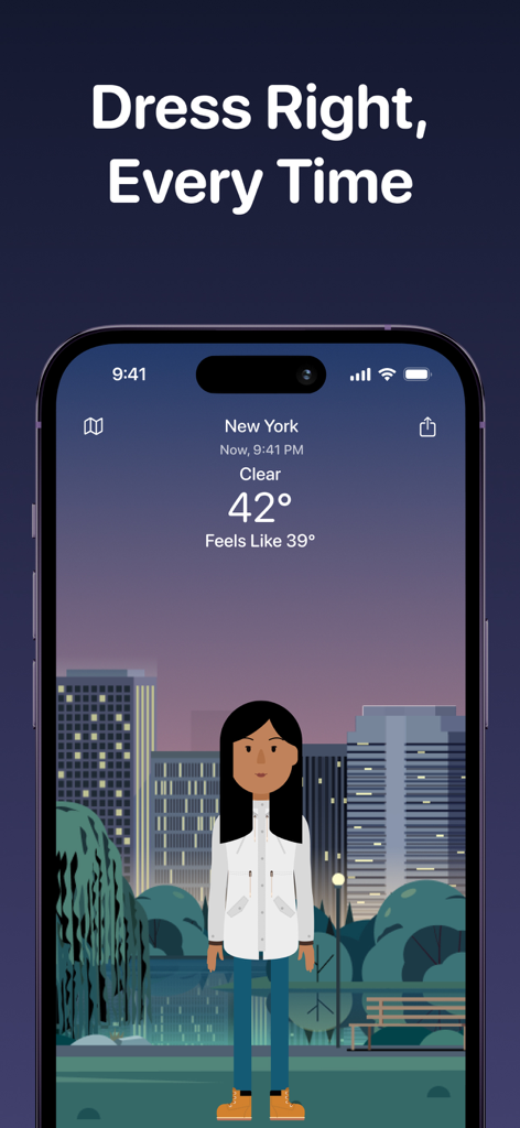 Weather Fit: Wearing Smart - Weather Fit app interface showing a female avatar dressed in a white jacket for 42 degree weather in New York.
