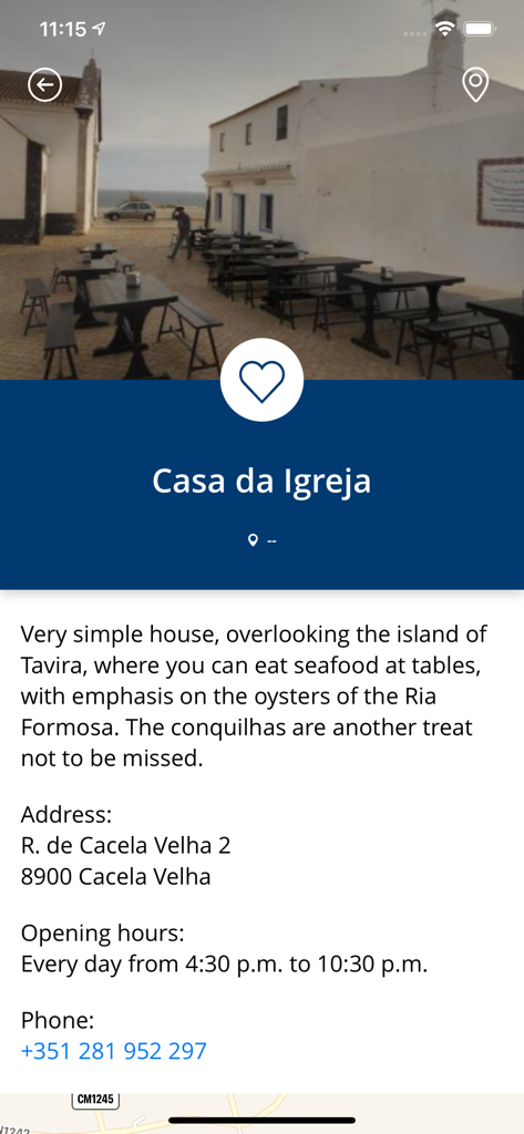 Página de información para el restaurante Casa da Igreja en la app Hotel Dunamar