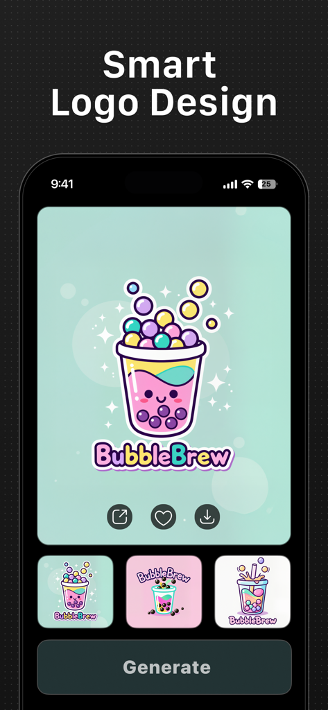 Logo Maker - Logo AI - Interface of an AI logo maker app showing multiple bubble tea brand designs