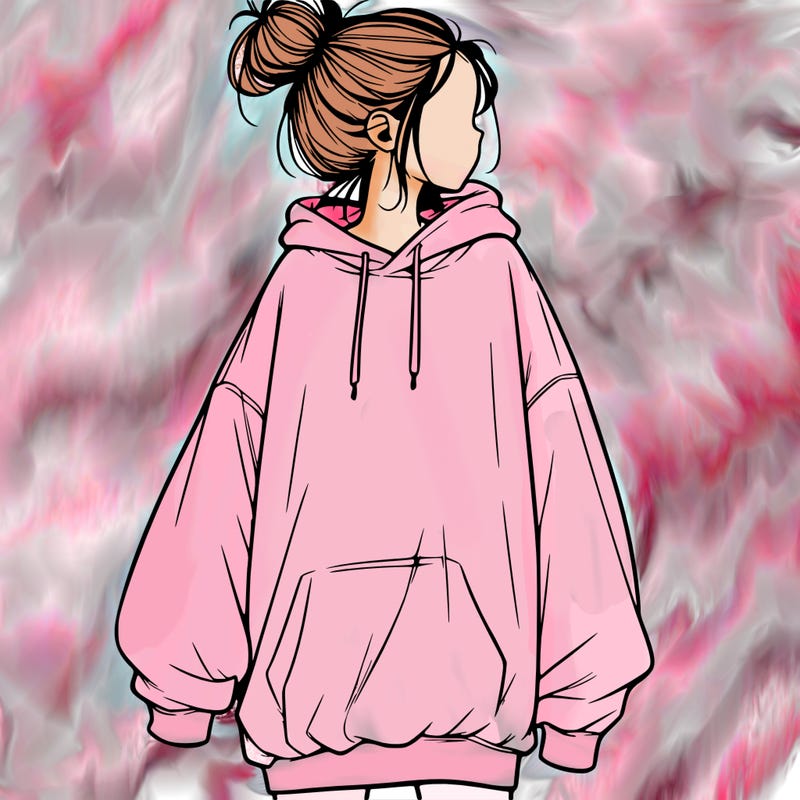 realistic girl with a oversized sweatshirt on and a bun
