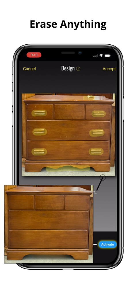 Bristles AI: Paint & Design - Bristles AI Smart Eraser-Tool entfernt goldene Beschläge von einer Mockup-Aufnahme einer Holzkkommode