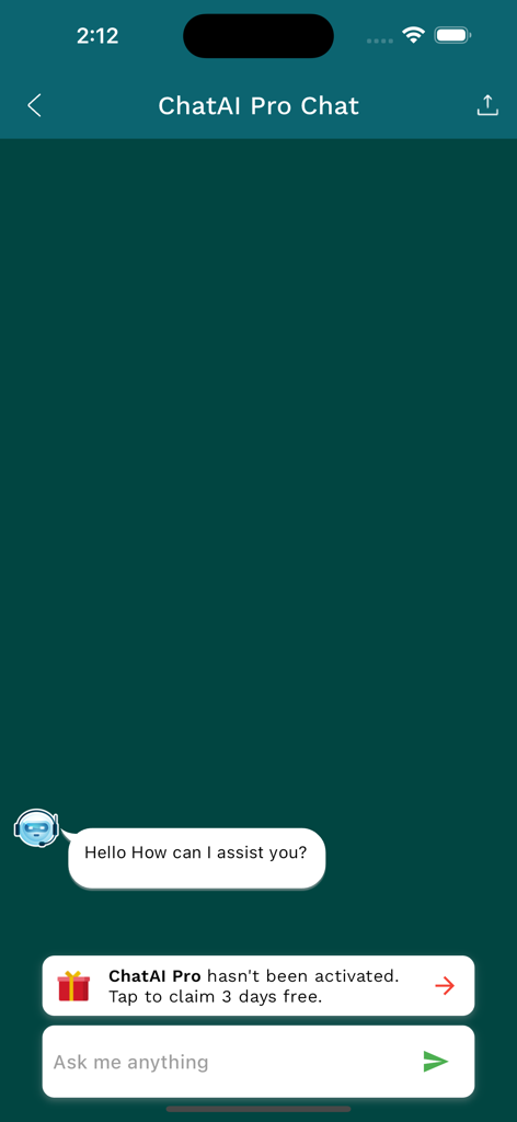 ChatPro - AI Assistant - The chat interface of ChatPro AI Assistant app showing a welcome message and a prompt to start a conversation.