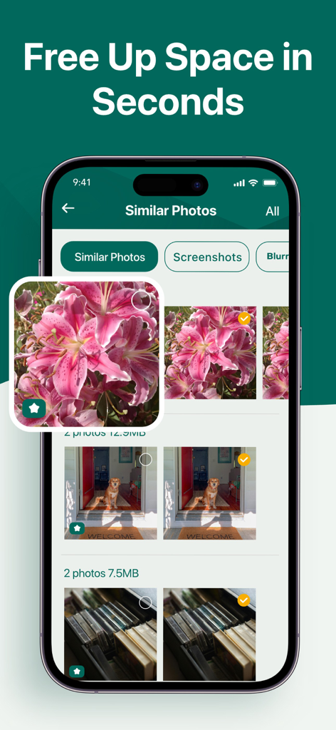 Phone Manager: Senior Care - Interface of the Senior Care Phone Manager app showing similar photos of flowers and a dog selected for cleanup