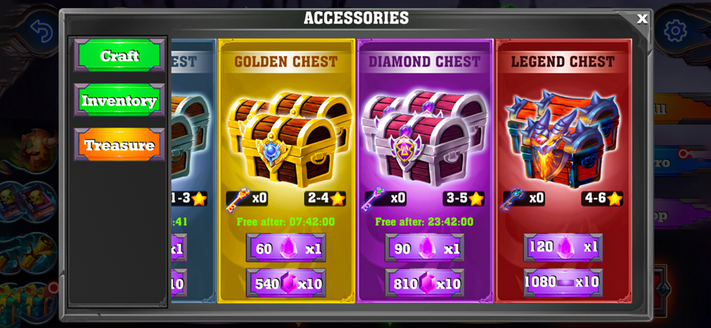 Kung Fu Karate: Ninja Fighting - Menú de accesorios en Kung Fu Karate Lucha Ninja mostrando cofres del tesoro Dorados Diamante y Leyenda con recompensas y precios en gemas