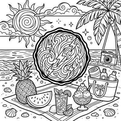 Experience a thrilling fusion of nature's mystery and summer fun with this unique coloring page. It features a captivating ball lightning orb set against a vibrant beach scene, perfect for a creative escape.