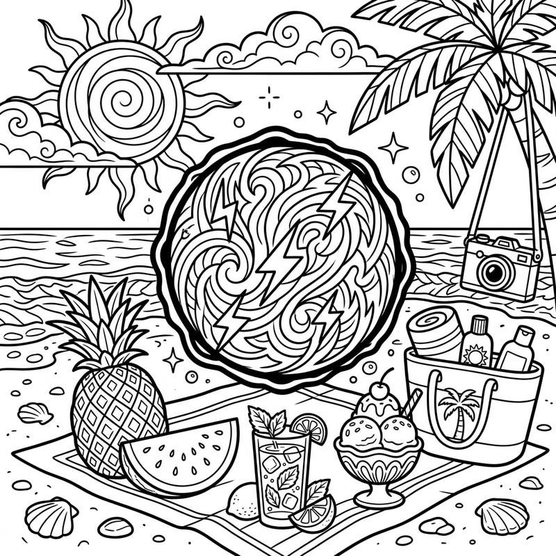 Experience a thrilling fusion of nature's mystery and summer fun with this unique coloring page. It features a captivating ball lightning orb set against a vibrant beach scene, perfect for a creative escape.