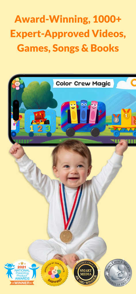 First | Fun Learning for Kids - Un niño pequeño feliz con una medalla de oro debajo de un smartphone que muestra la aplicación First Fun Learning for Kids con varias insignias de premios de paternidad en la parte inferior.