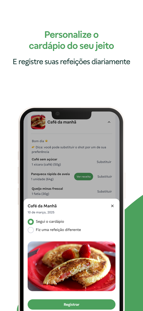 Programa Mais Saúde (Vitat) - A screenshot of the Vitat app showing a personalized breakfast menu and meal tracking interface