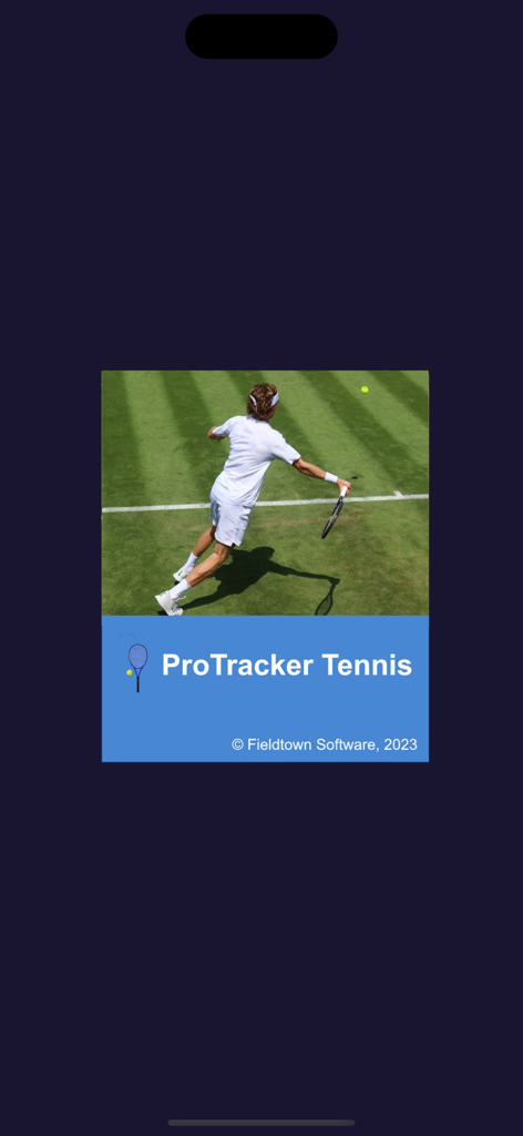 ProTracker Tennis - ProTracker Tennis app splash screen featuring a tennis player on a grass court with the app logo and title