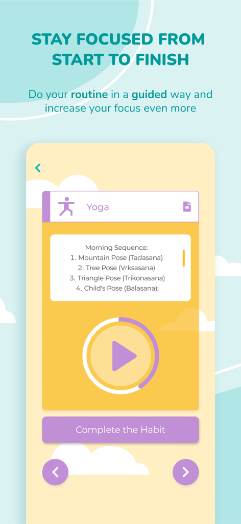 Morning Habits - Daily Routine - Tela da sequência guiada de ioga matinal no aplicativo Hábitos Matinais mostrando uma lista de poses e um botão Iniciar