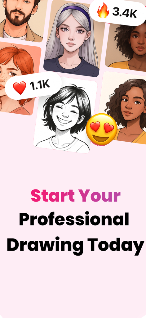 AR Drawing: Trace & Sketches - Illustrated character portraits and sketches with the text Start Your Professional Drawing Today