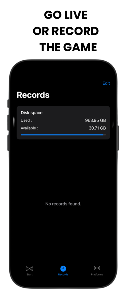 Screenshot della schermata delle registrazioni nell'app Ball Tracker che mostra lo spazio disponibile per le registrazioni delle partite.