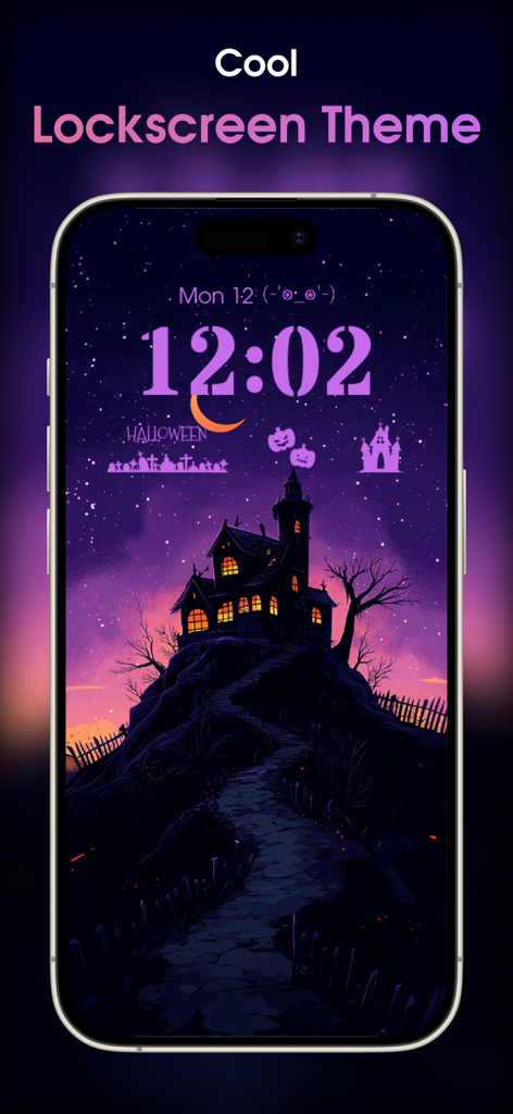 Wallive: 4K Wallpaper & Widget - Una pantalla de bloqueo de iPhone temática de Halloween en color morado con una ilustración de casa embrujada y widgets espeluznantes