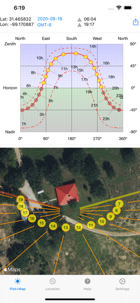 Sun Focus - Sun Focus app interface displaying sun path plot and satellite map with sun position markers