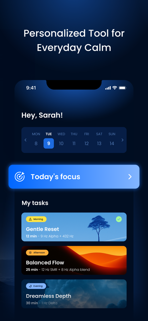 InnerFlo: Calm & Focus - InnerFlo mobile app dashboard displaying a personalized daily schedule of binaural beat sound therapy sessions for focus and relaxation