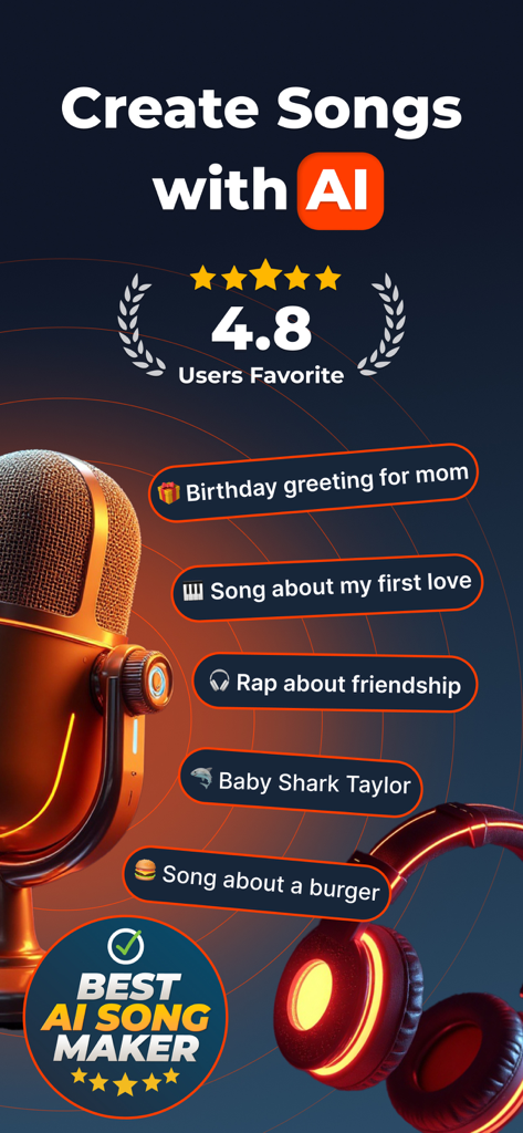 AI Song Generator - Rexa - Promotional image for Rexa AI Song Generator app featuring music creation options and a high user rating