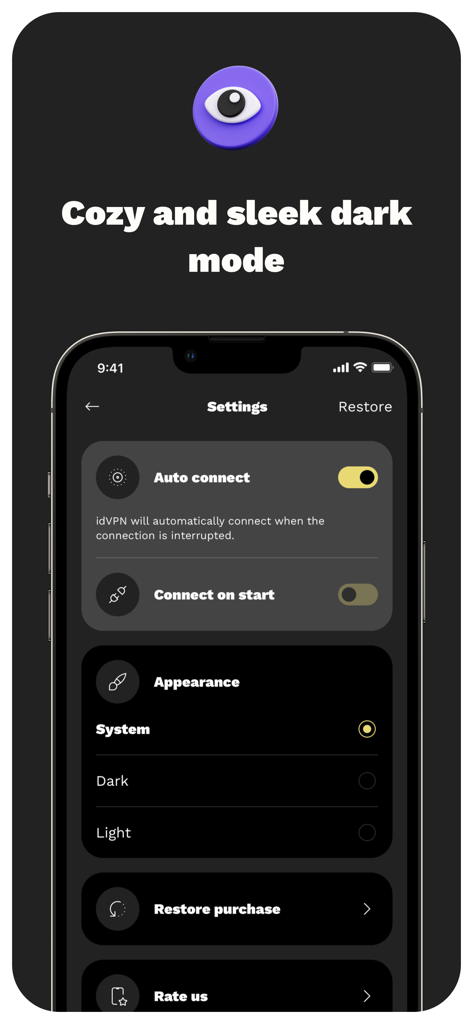 idVPN: VPN Secure Unlimited - Interfaz de configuración de la aplicación idVPN que muestra un tema de modo oscuro acogedor y elegante con opciones de conexión automática y apariencia