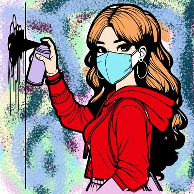 realistic girl with mask spray painting a wall