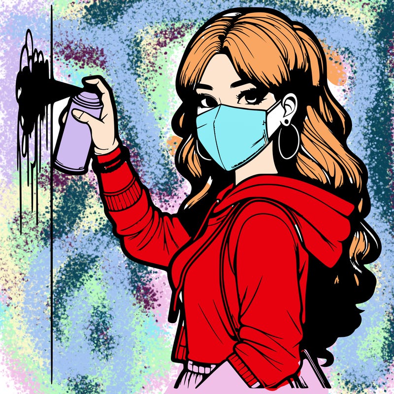 realistic girl with mask spray painting a wall