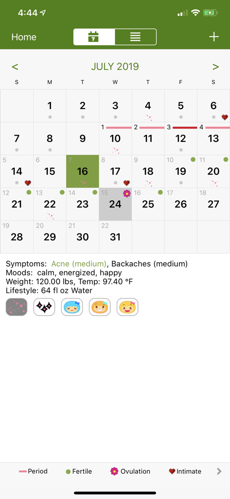 Period Tracker Deluxe - Vista de calendario de Period Tracker Deluxe que muestra predicciones del ciclo menstrual y registros de síntomas