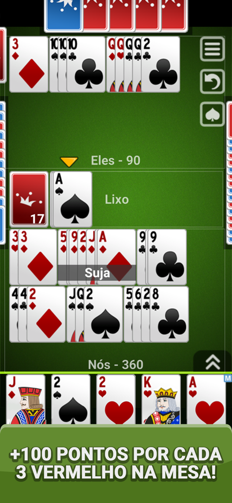 Tranca Jogatina Jogo de Cartas - Gameplay screen of Tranca Jogatina showing card sequences on a green table with a bonus rule for red three cards.