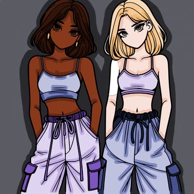 two girls with crop top with baggy pants