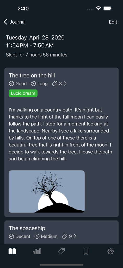 Dreams: Your dream journal - Una entrada del diario de sueños en la aplicación Dreams que muestra una descripción de un sueño lúcido y un dibujo de un árbol