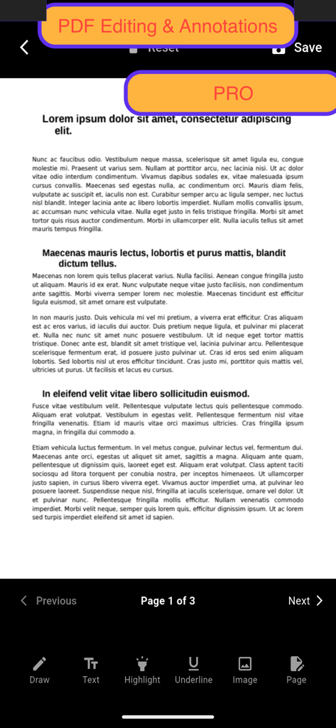 PDF: Viewer - Editor - ハイライト、下線、描画などのテキストツールを備えた、PDF編集および注釈用のモバイルアプリインターフェイス。