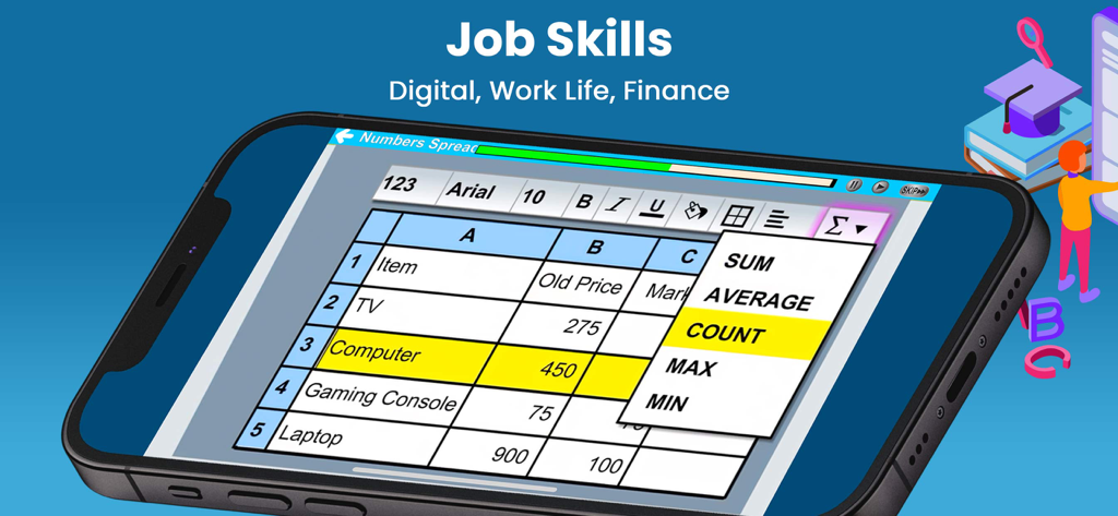 Learning Upgrade app interface showing a digital literacy lesson on using spreadsheets for job skills.