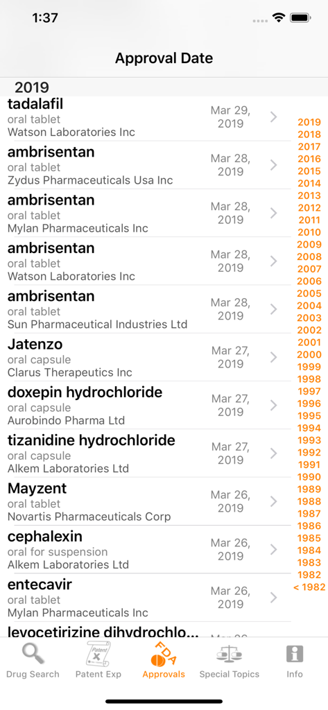 RxOrange - Screenshot of the RxOrange app displaying a list of FDA drug approvals by date including drug names and manufacturers