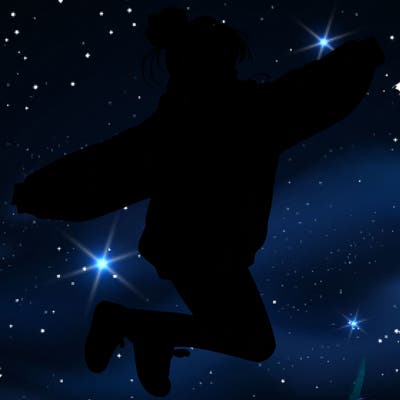 realistic girl jumping with a bun and oversized sweatshirt