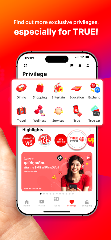 TrueID mobile app interface showing the Privilege tab with reward categories like dining shopping and travel