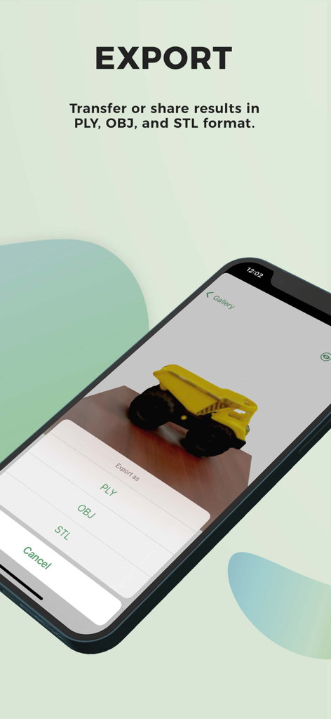 SureScan 3D Scanner, 3D App - SureScan 3D app interface showing export options for PLY OBJ and STL files of a scanned toy truck