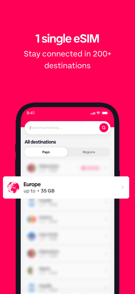 GoMoWorld: Travel eSIM | Data - Interfaz de la aplicación GoMoWorld mostrando una única eSIM para más de 200 destinos con un plan de datos de 35 GB para Europa