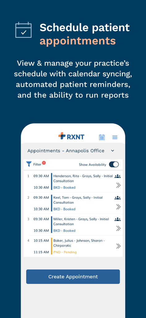 RXNT - A smartphone screen displaying the RXNT app's patient appointment scheduling interface with a list of daily bookings and a create appointment button.