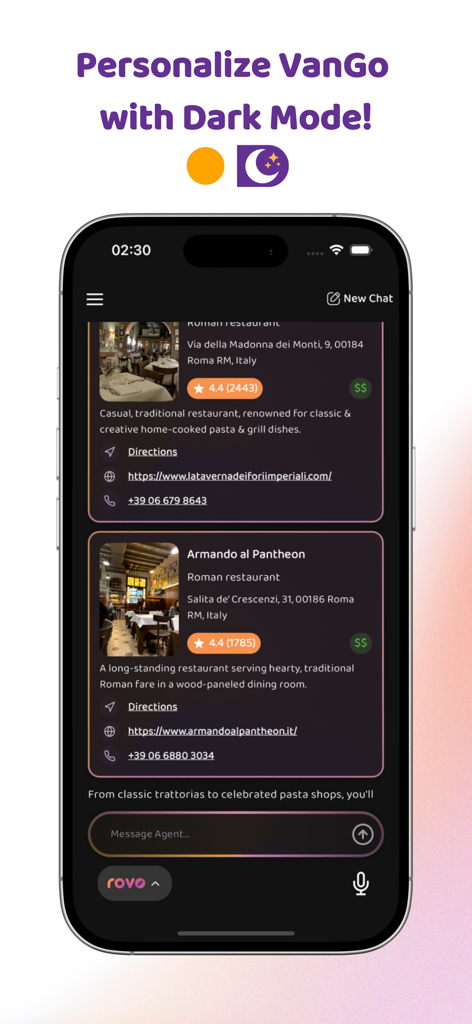 Rovo - Travel Agent - 로마의 레스토랑 추천 기능이 있는 어두운 모드의 Rovo 여행 앱 인터페이스를 표시하는 스마트폰.