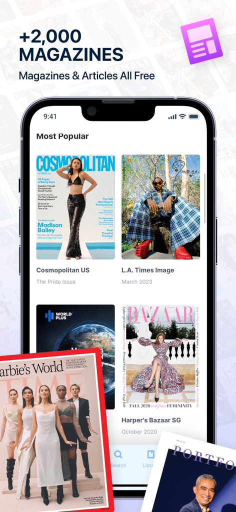 Tela do iPhone mostrando a biblioteca do aplicativo WorldPlus com capas de revistas populares de moda como Cosmopolitan e Harpers Bazaar