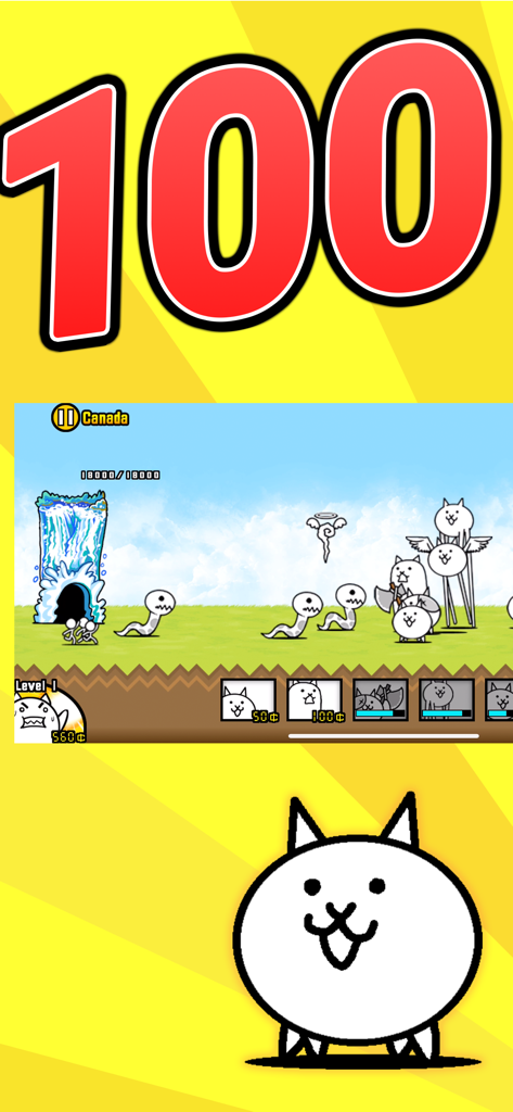 The Battle Cats - Ein Gameplay-Screenshot von The Battle Cats, der seltsam süße Katzeneinheiten zeigt, die Feinde in einem Side-Scrolling-Level bekämpfen.