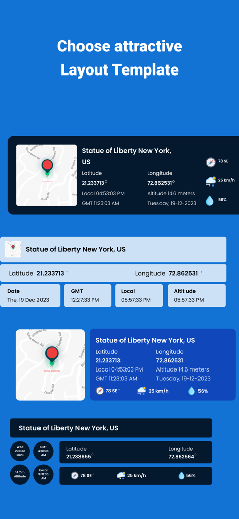Visualización de varias plantillas de diseño de GPS Map Camera con sellos de ubicación y coordenadas