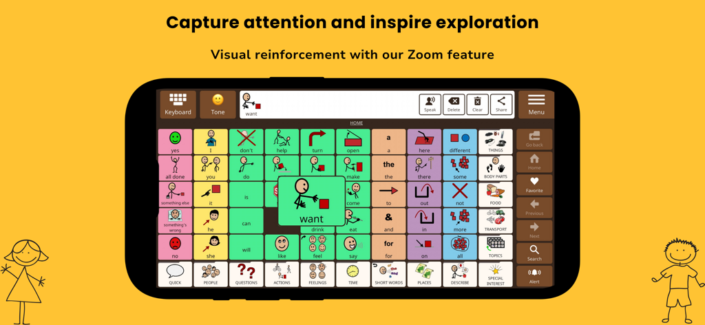 Smartphone affichant l'interface de l'application Avaz AAC avec la fonction de zoom de renforcement visuel activée sur une icône de communication