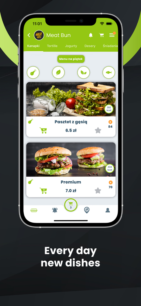 Mobile app screen showing a variety of sandwiches and burgers with prices and calorie counts in the KanapkaMan application