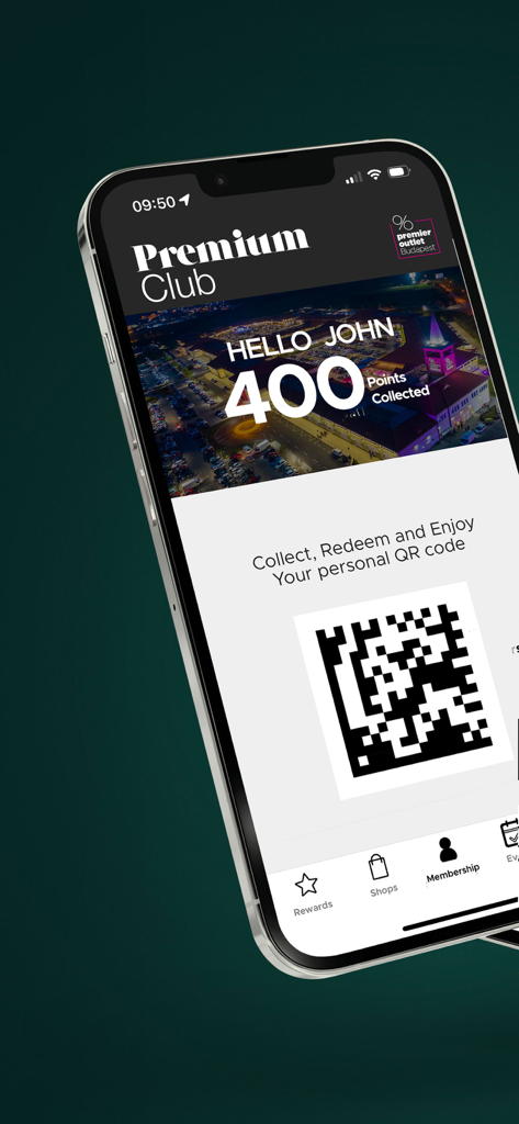 Premier Outlet Budapest - 프리미어 아울렛 부다페스트 앱의 스마트폰 화면, Premium Club 회원 포인트 및 개인 QR 코드 표시
