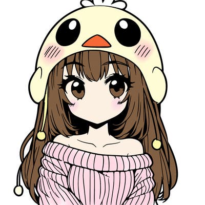 anime girl with chick shaped hat with sweater with bare shoulders with bangs covering them one eye with low tail