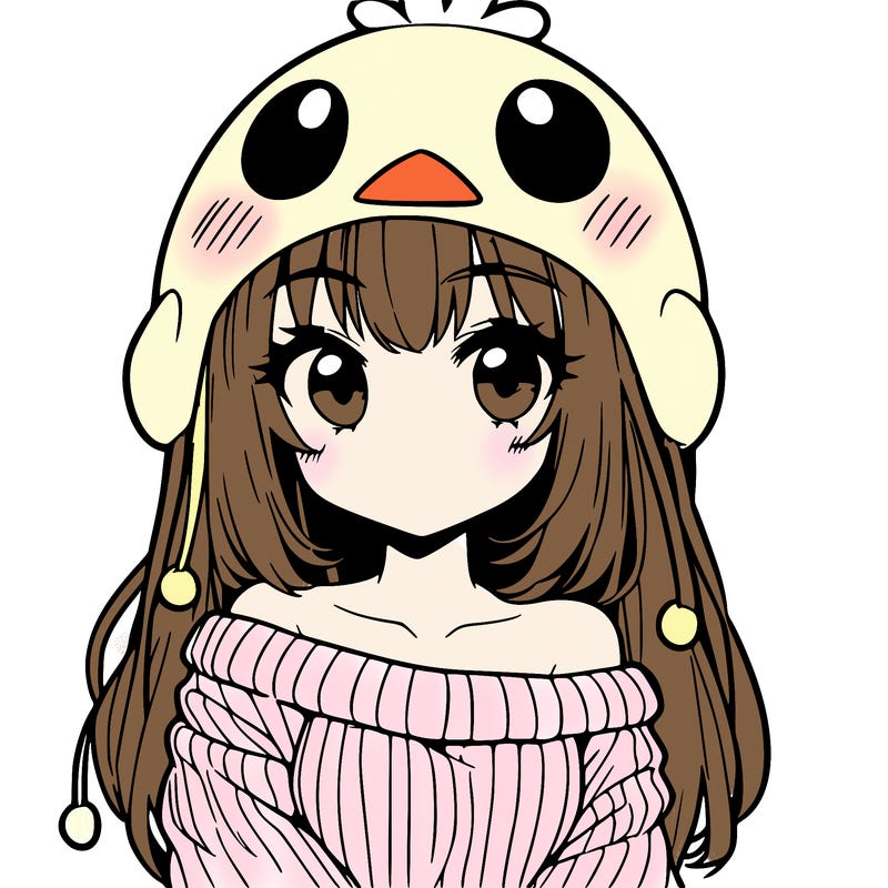anime girl with chick shaped hat with sweater with bare shoulders with bangs covering them one eye with low tail