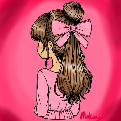 realistic girl  with hip length hair a bun and a big bow on the back of head
