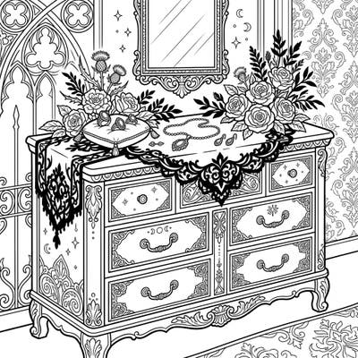 Dive into the melancholic beauty of a Gothic wedding celebration with this intricately designed dresser coloring page. Adorned with Victorian lace and elegant jewelry, it's a perfect blend of romance and dark aesthetic.