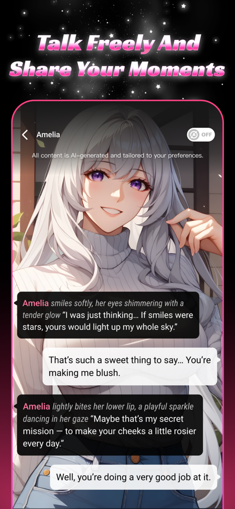 Screenshot einer romantischen Chat-Oberfläche mit einem KI-Anime-Charakter namens Amelia in der Imagia App