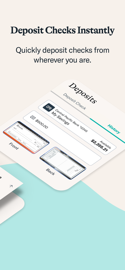 Central Pacific Bank - Central Pacific Bank app mobile check deposit screen showing front and back check capture