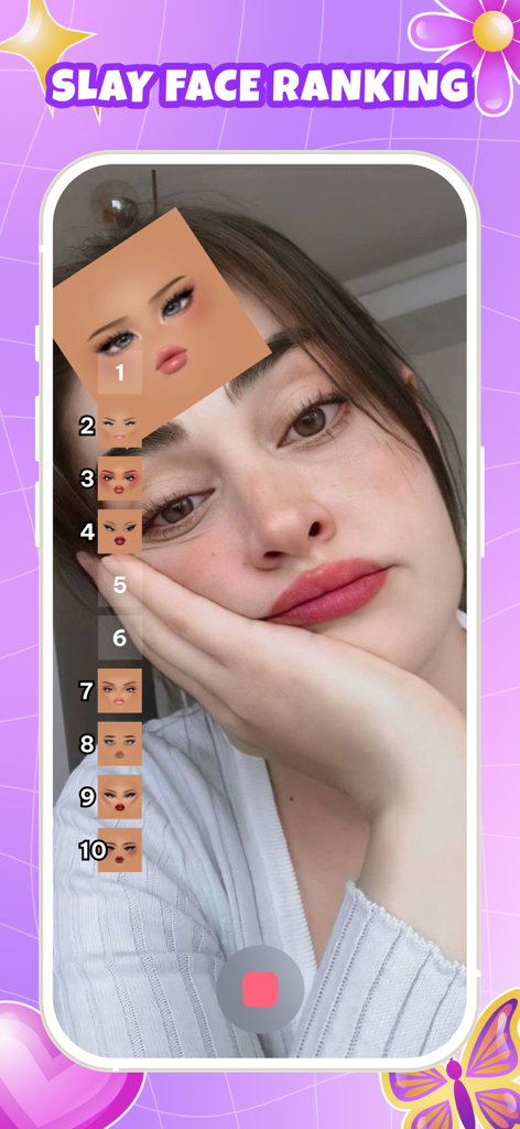 Dress Challenge: Fun Up Filter - Slay face ranking filter interface showing a user with cartoon makeup overlays and a numerical ranking list