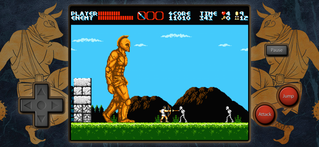 Jugabilidad de The Curse of Issyos mostrando a un guerrero de 8 bits luchando contra esqueletos frente a un coloso dorado gigante